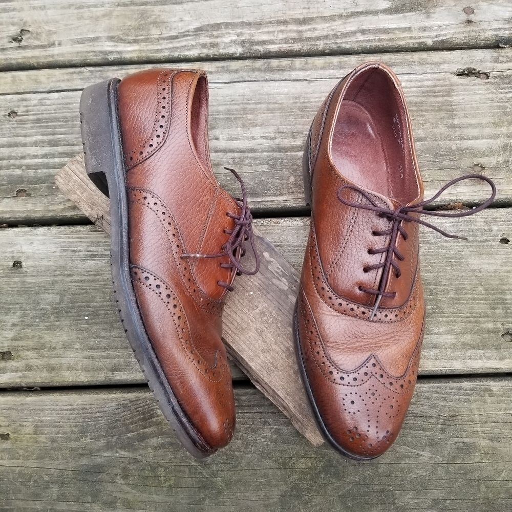 Vintage 70s Brown Leather Wingtip Brogue Vibram Sole‎ Lace-up Derby Oxfords 8